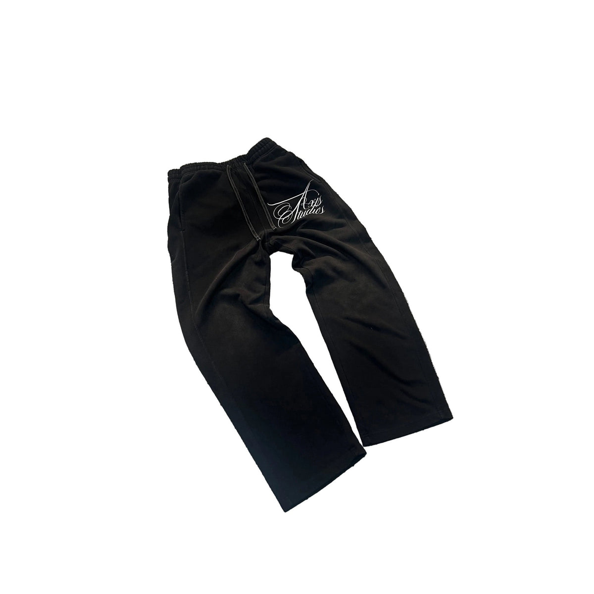 Black pants with a white embroidered script logo on the upper left thigh, displayed flat against a white background.