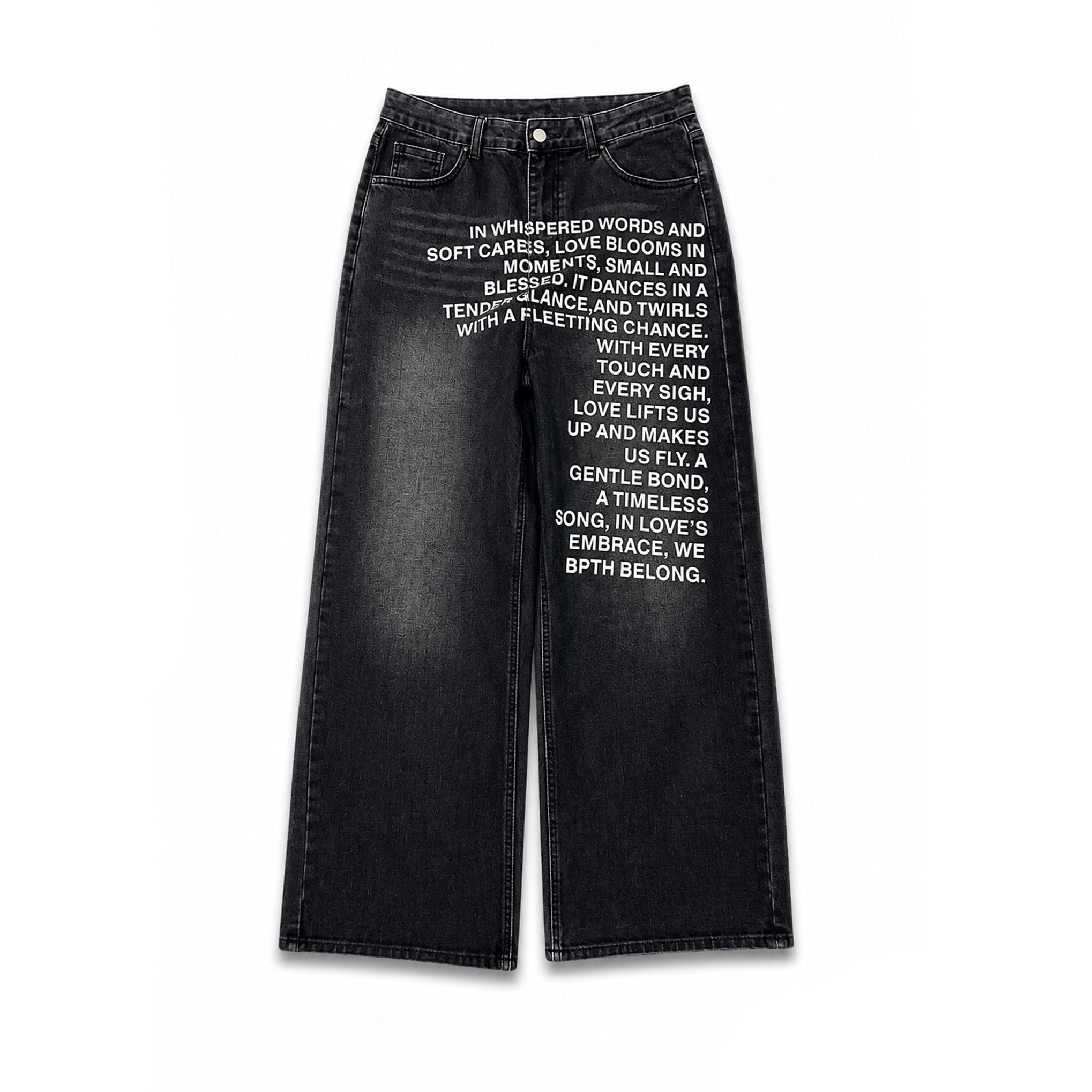 Black wide-leg denim jeans with white printed text on the front, shown flat against a white background with black side bars. The brand name 'AXIS' is visible in the bottom right corner.
