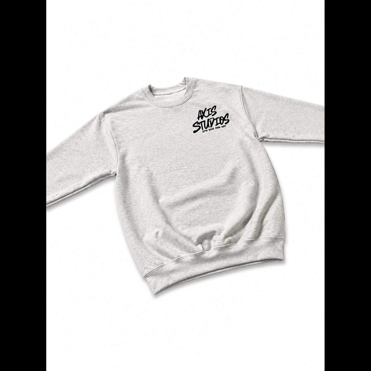A light heather gray crewneck sweatshirt with a black 'AXIS STUDIOS' logo printed on the left chest, displayed flat against a white background with black letterbox bars on the sides.