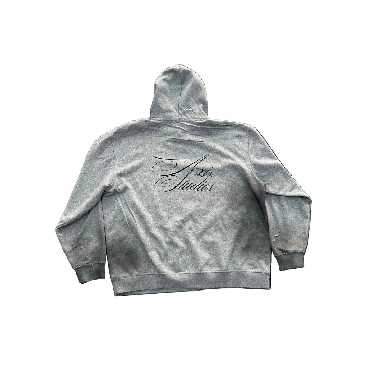 A light gray hooded sweatshirt shown from the back, featuring a black cursive script logo that reads 'Snoopy Studios' across the upper back. The hoodie has a washed, faded texture and is displayed against a plain white background.