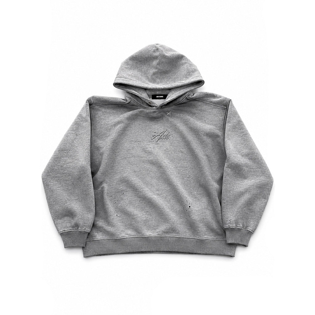 A light gray heathered hoodie sweatshirt with a small cursive logo on the chest, laid flat against a white background with black letterboxing on the sides.