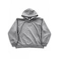 A light gray heathered hoodie sweatshirt with a small cursive logo on the chest, laid flat against a white background with black letterboxing on the sides.
