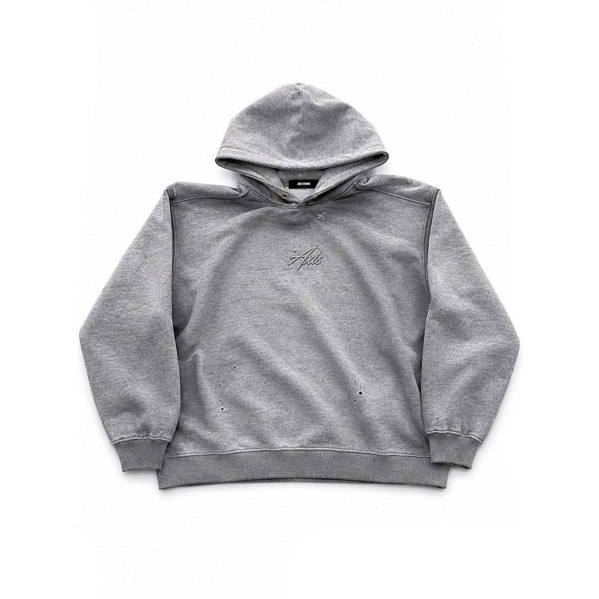 A light gray heathered hoodie sweatshirt with a small cursive logo on the chest, laid flat against a white background with black letterboxing on the sides.