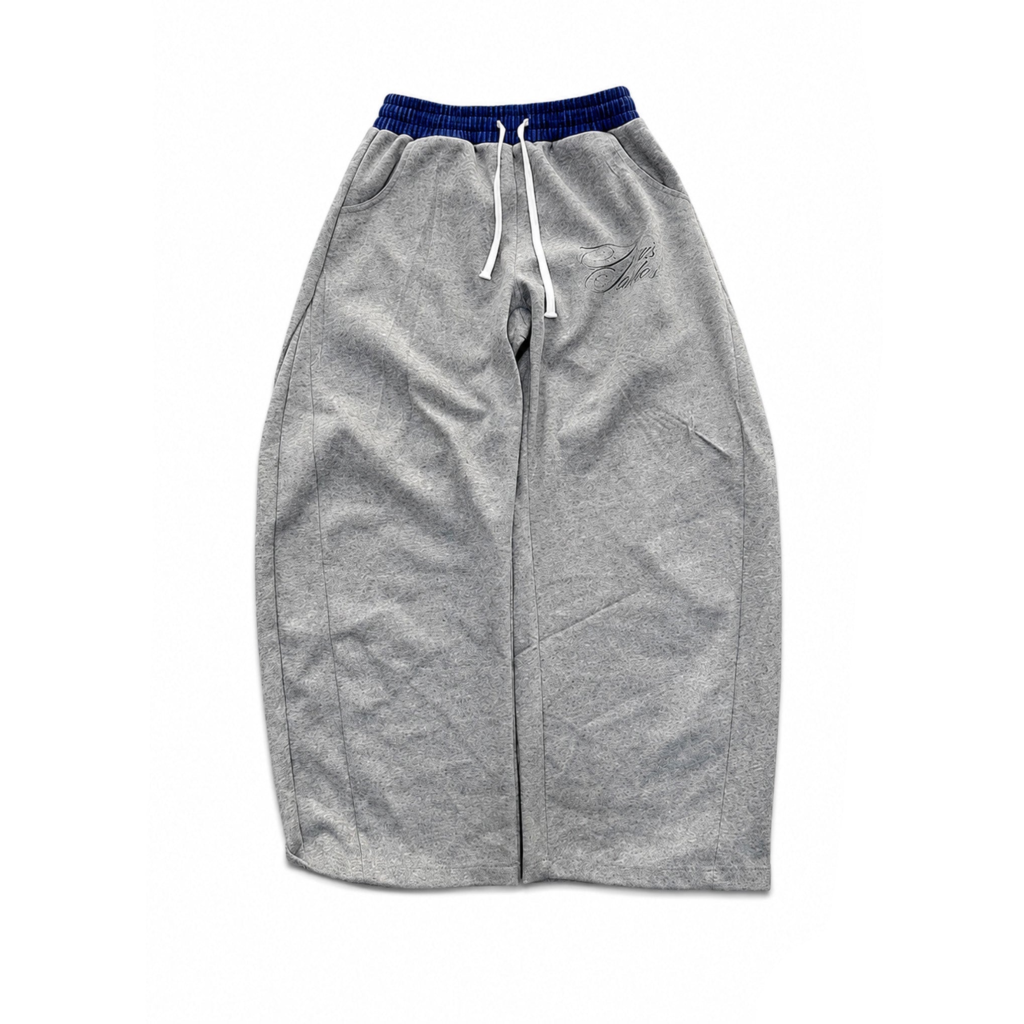 A pair of heather gray sweatpants with a dark blue ribbed elastic waistband and white drawstrings, laid flat on a white background with a black border and an AXIS logo in the bottom right corner.