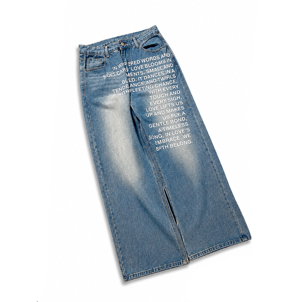 Light blue denim skirt with white printed text, a front slit, and a side pocket, shown on a white background with an AXIS logo in the bottom right corner.