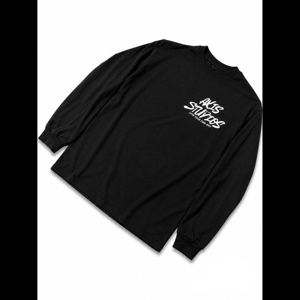 A black long-sleeve crewneck shirt with a white 'AXIS STUFFS' graphic on the left chest, displayed on a white background with black side borders and an 'AXIS' logo in the bottom right corner.
