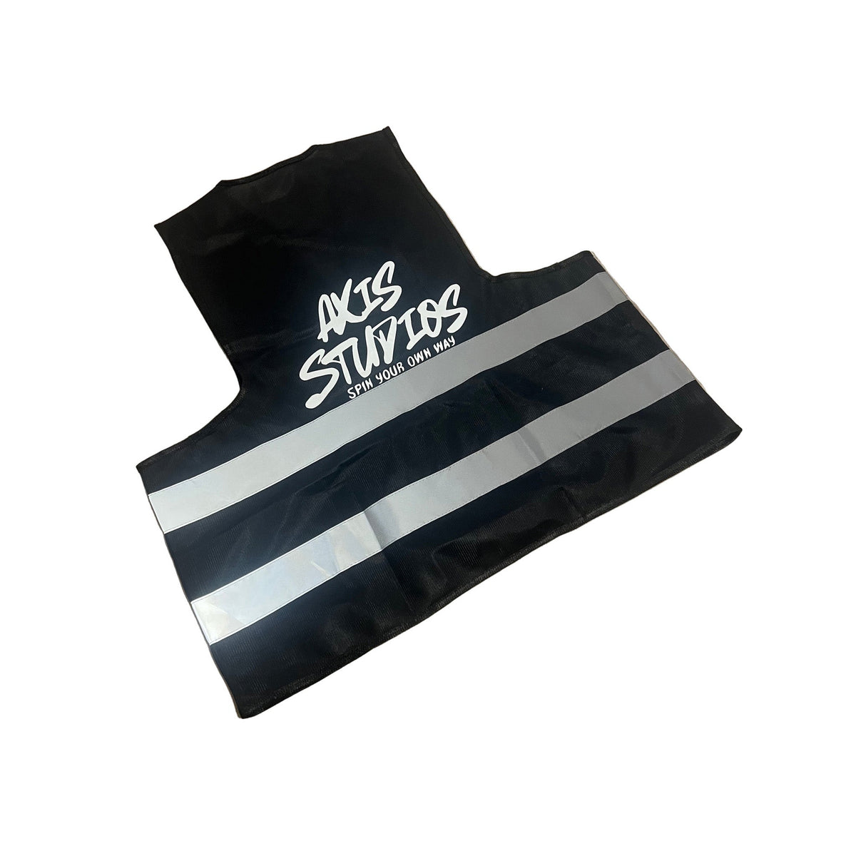A black protective vest with reflective silver stripes and a white 'AXIS STUDIOS' logo printed on the chest, displayed on a white background.