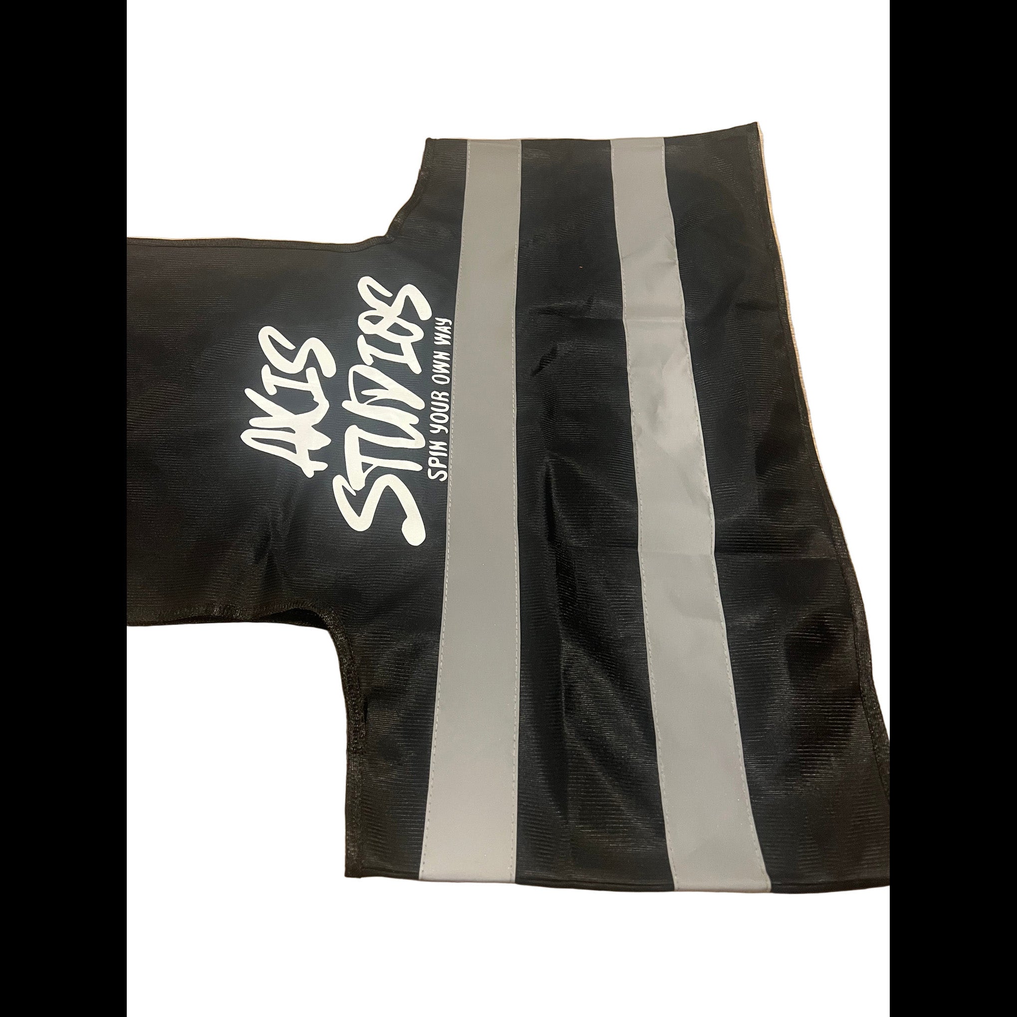 Black athletic shorts with two vertical silver reflective stripes and white 'AKIS STANZIS' branding on the left leg, shown flat against a white background.