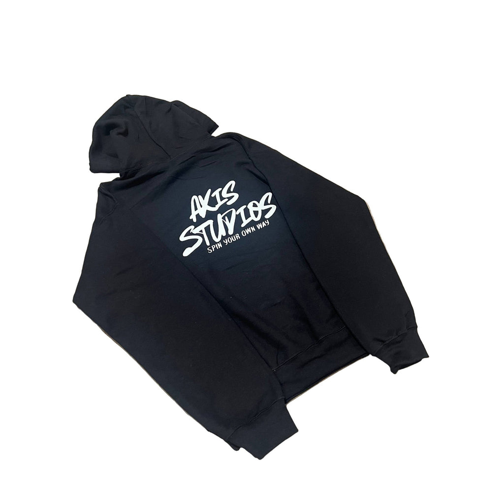 A black pullover hoodie with a white graphic print on the back reading 'AKS STUOBS' and 'STAY MADE BY AKS', displayed on a plain white background.