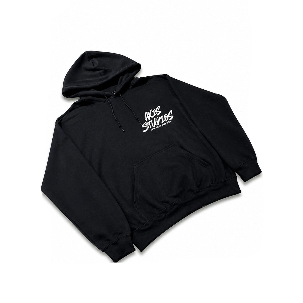 A black pullover hoodie with a white 'AXIS STUDIOS' graphic printed on the left chest, displayed on a clean white background with black letterboxing on the sides.