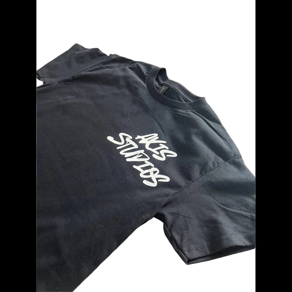 A black short-sleeve t-shirt with 'ACES STUDIOS' printed in white script across the chest, displayed on a clean white background.