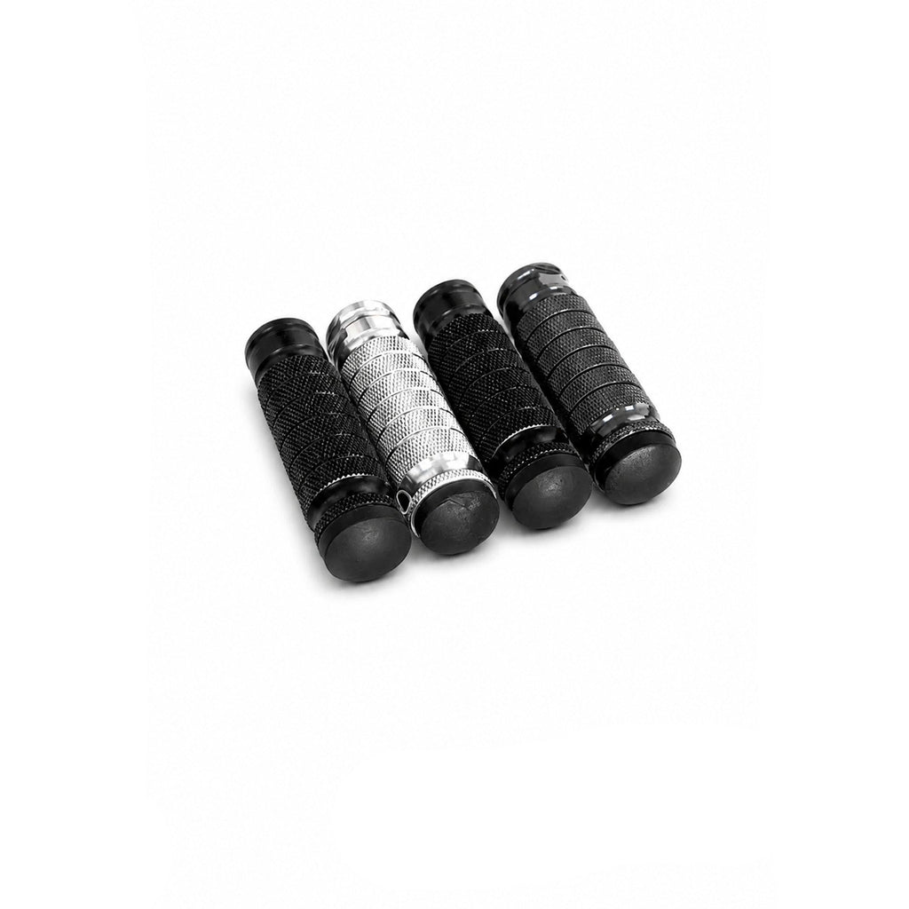 Four motorcycle handlebar grips in black and silver metallic finishes, arranged diagonally on a white background with an AXIS logo in the bottom right corner.