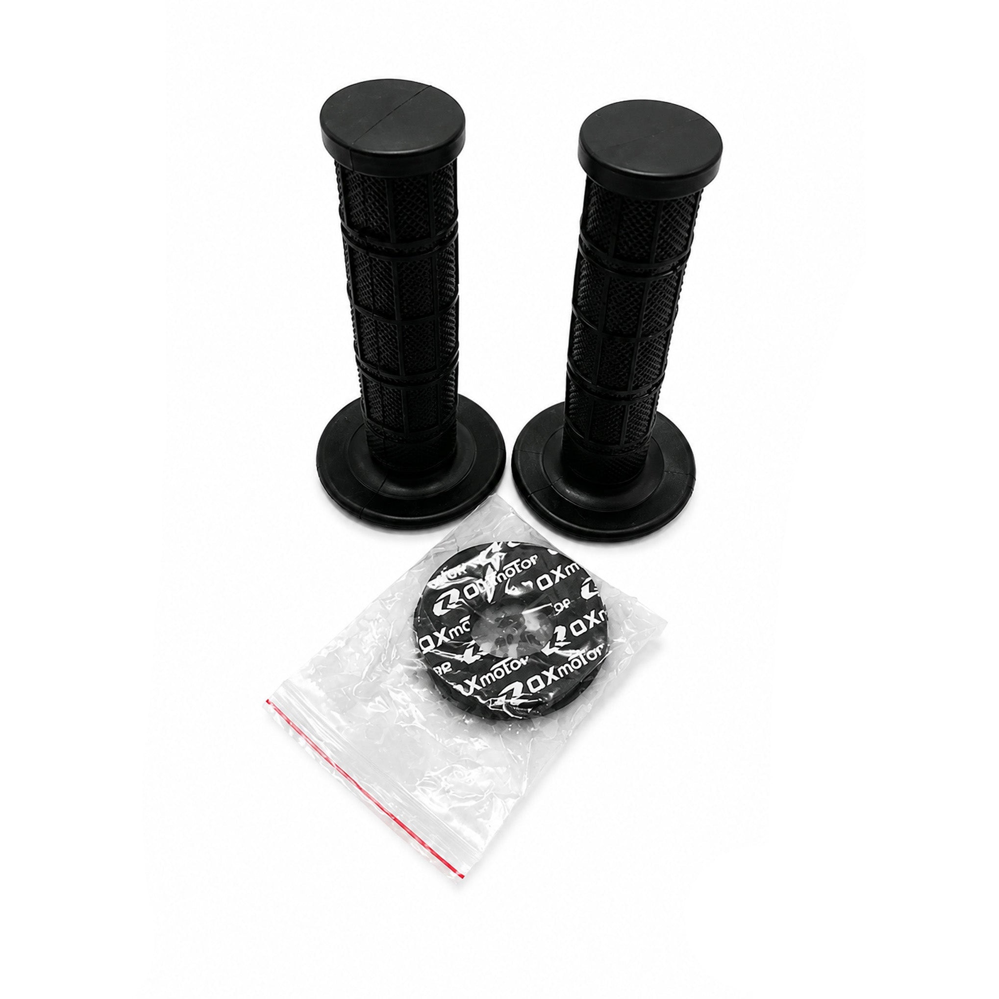 A pair of black textured motorcycle handlebar grips with circular mounting bases, shown alongside a clear plastic bag containing black rubber shield covers printed with the white AXIS logo.