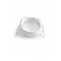 A white oval bowl wrapped in a crinkled clear plastic cover, photographed on a white background with black side bars and an AXIS logo in the bottom right corner.