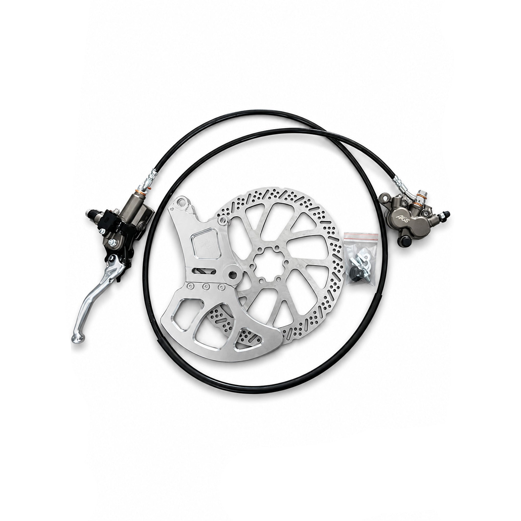 A set of silver and black hydraulic disc brake components, including a caliper, lever, brake hose, and a drilled brake rotor, displayed on a white background with an AXIS logo in the bottom right corner.