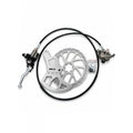 A set of silver and black hydraulic disc brake components, including a caliper, lever, brake hose, and a drilled brake rotor, displayed on a white background with an AXIS logo in the bottom right corner.