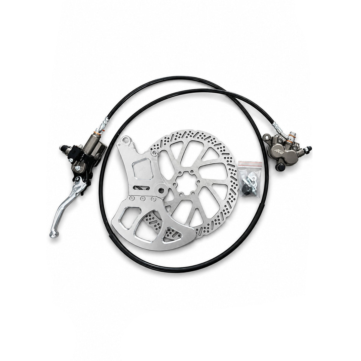 A set of silver and black hydraulic disc brake components, including a caliper, lever, brake hose, and a drilled brake rotor, displayed on a white background with an AXIS logo in the bottom right corner.