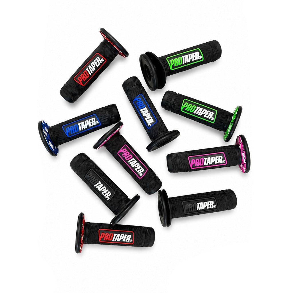 Nine black handlebar grips with colorful PRO TAPER branding in red, green, blue, pink, and white, arranged on a white background with an AXIS logo in the bottom right corner.