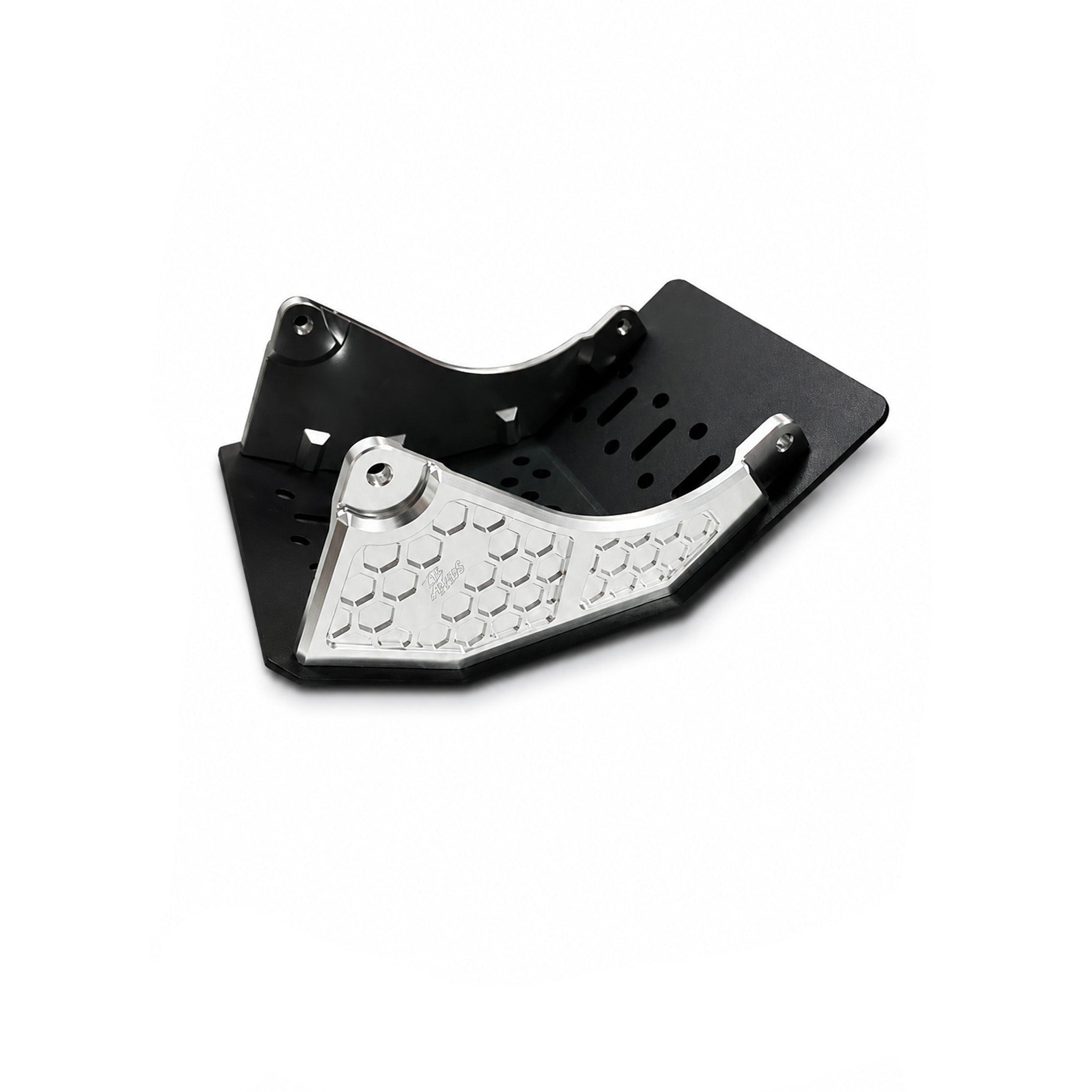 A black and silver metal footplate bracket with a textured silver foot pad, shown on a white background with a black AXIS logo in the bottom right corner.