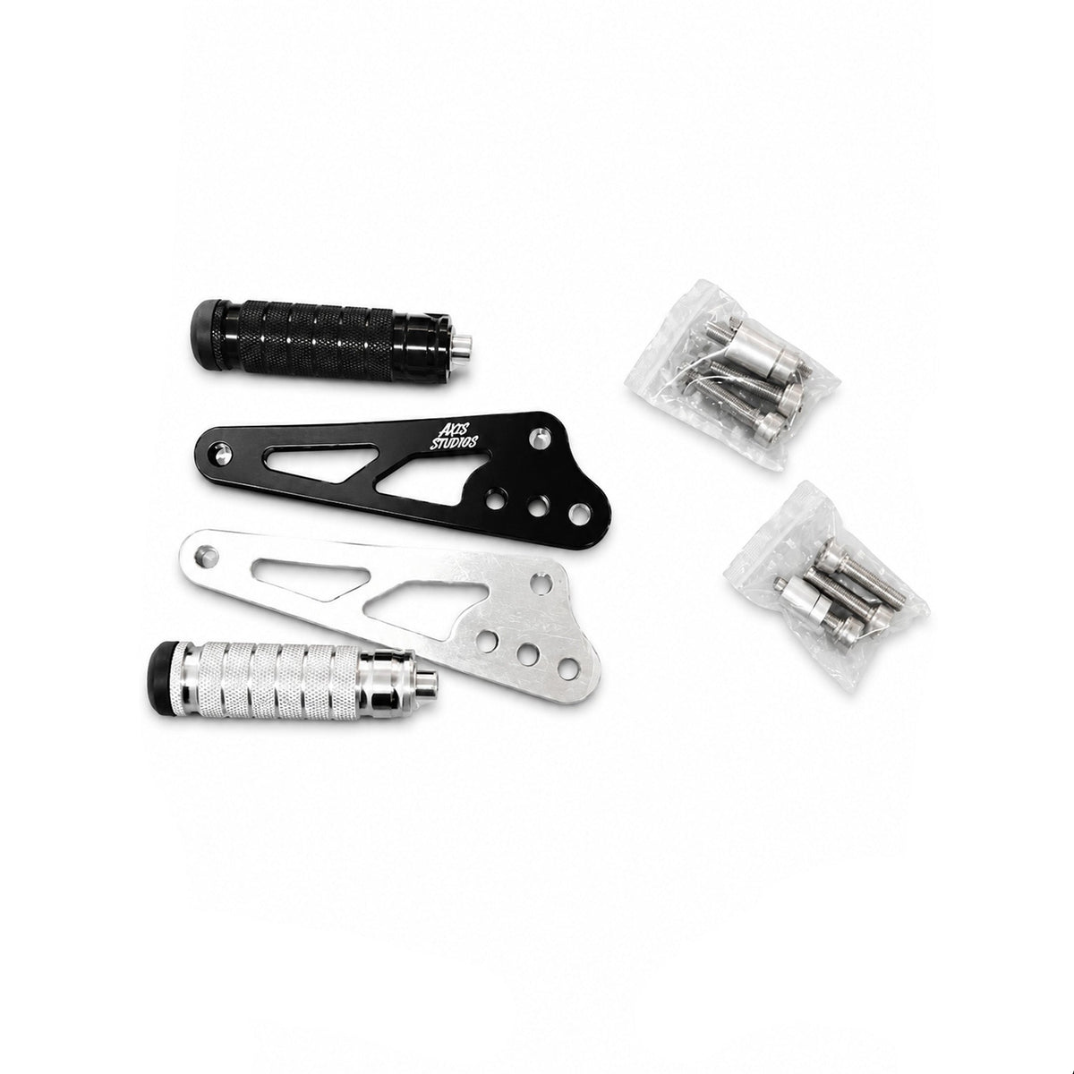A set of motorcycle foot pegs and mounting hardware from Axis, including two black and two silver aluminum foot pegs with textured grips, shown alongside small plastic bags of mounting bolts and screws on a white background.