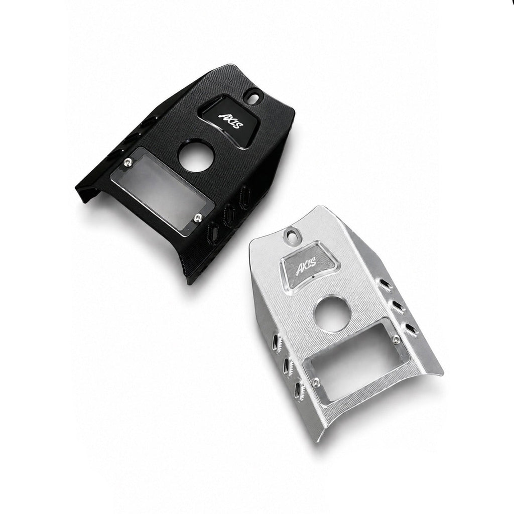 Two metal bracket components for an AXIS motor controller, one in black anodized aluminum and one in silver aluminum, displayed on a white background with the AXIS logo in the bottom right corner.