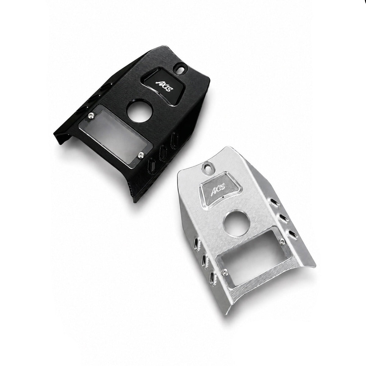 Two metal bracket components for an AXIS motor controller, one in black anodized aluminum and one in silver aluminum, displayed on a white background with the AXIS logo in the bottom right corner.