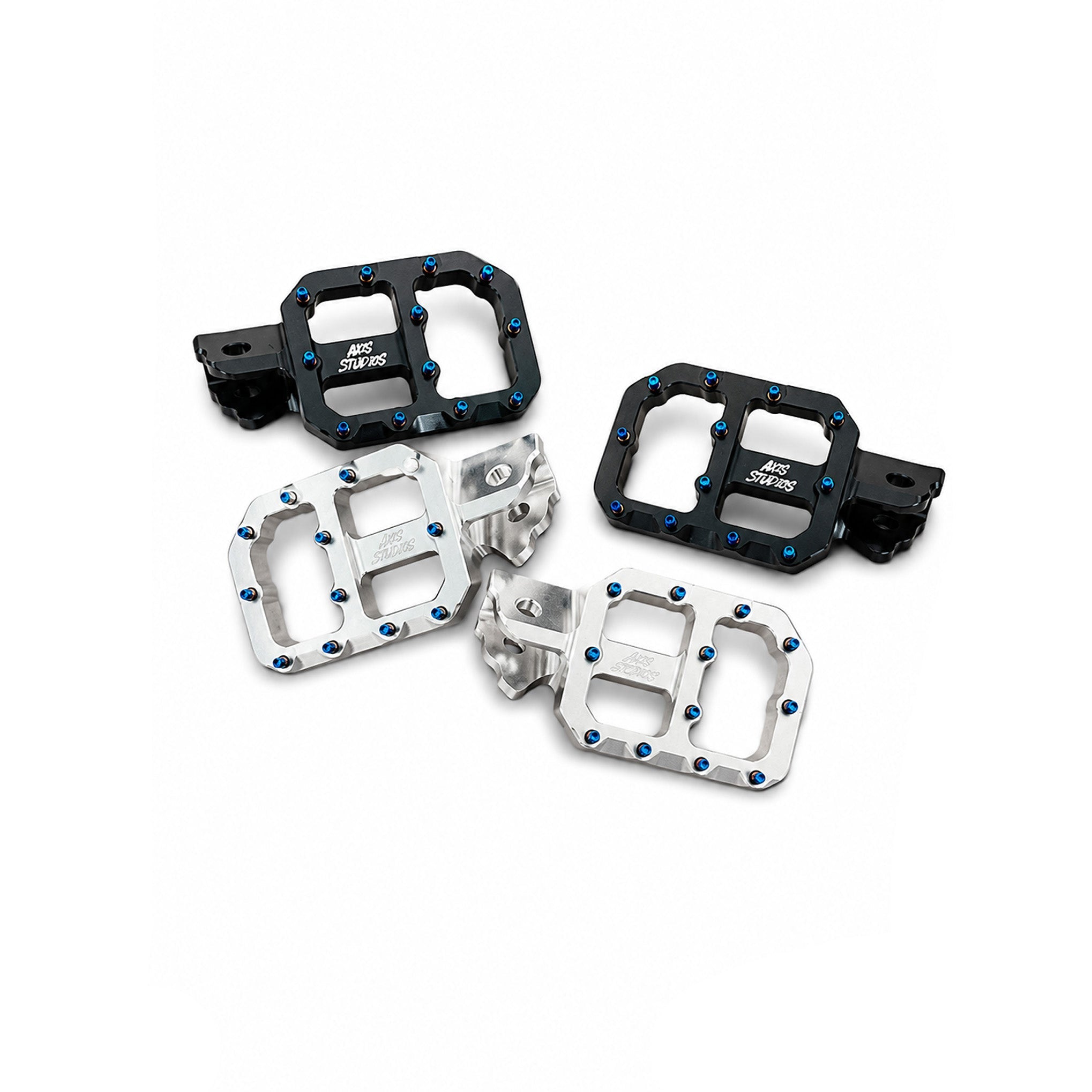 Four AXIS brand motorcycle step-through pedals shown in black and silver aluminum finishes with blue locknuts, arranged on a white background with a black AXIS logo in the bottom right corner.