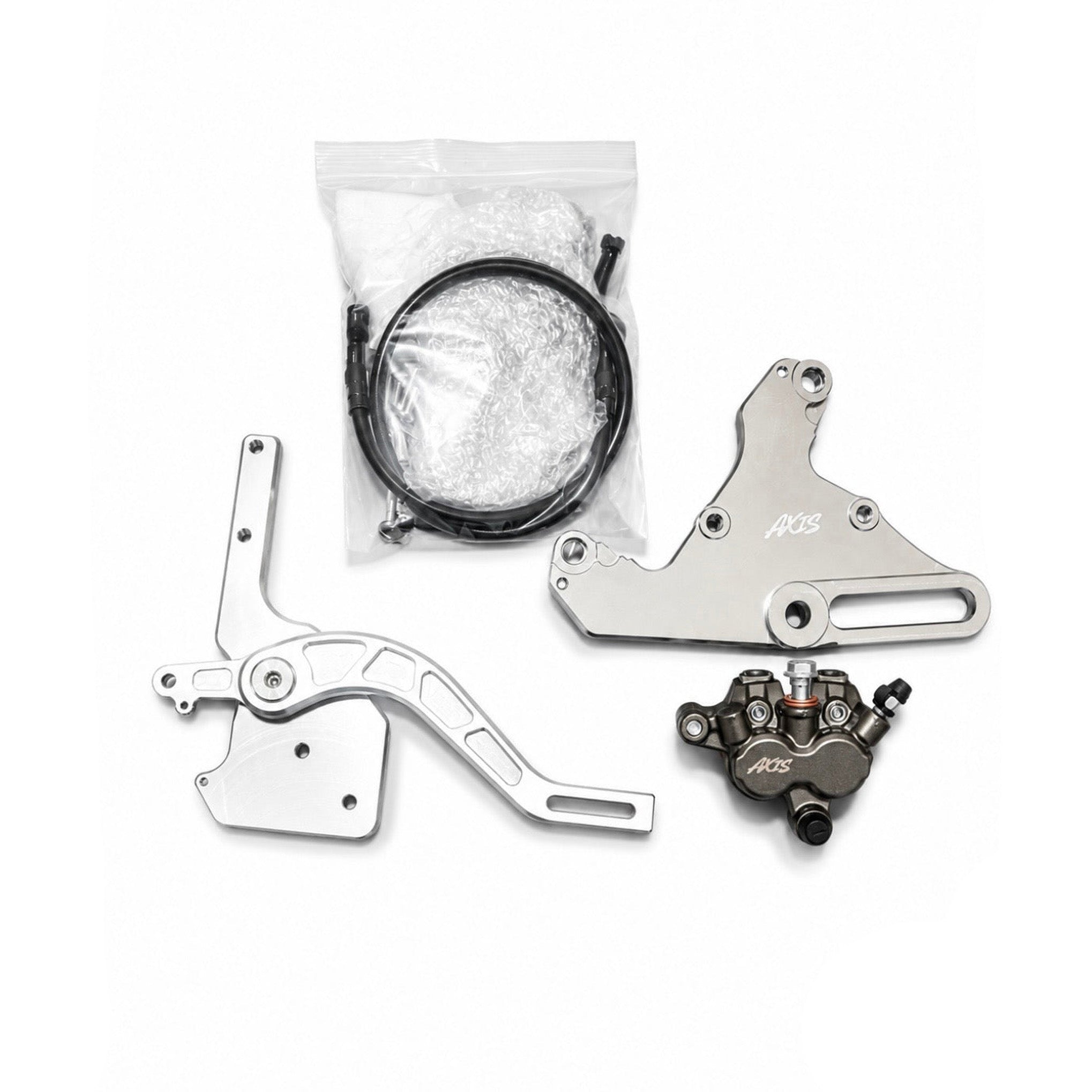A set of motorcycle or bicycle mechanical parts on a white background, including a silver metal lever, a silver bracket marked 'AOS', a dark metallic caliper with 'AOS' branding, a black cable in a clear plastic bag, and a black AXIS logo watermark in the bottom right corner.