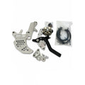 A set of motorcycle or bicycle mechanical parts and accessories laid out on a white background, including silver metal brackets, a black handlebar lever, a small metal component, and a clear plastic bag containing black cables. The AXIS logo is visible in the bottom right corner.